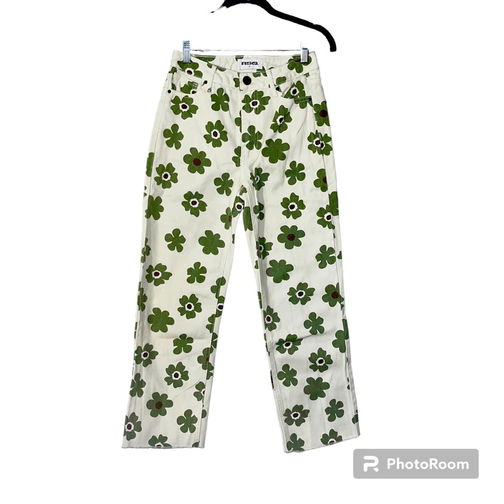 RSQ Juniors Size 23 Straight Leg Printed Jean Cream Colored With Green Flowers